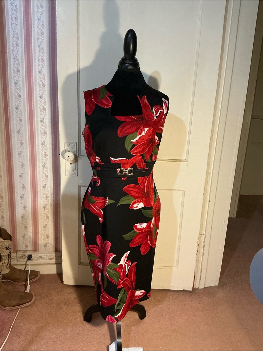 Enfocus Studio Black Midi Dress with Red Floral Accents